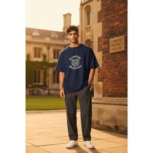Vintage Jerzees 365 Blue L Gray Embroidered Cambridge University Crest T-Shirt